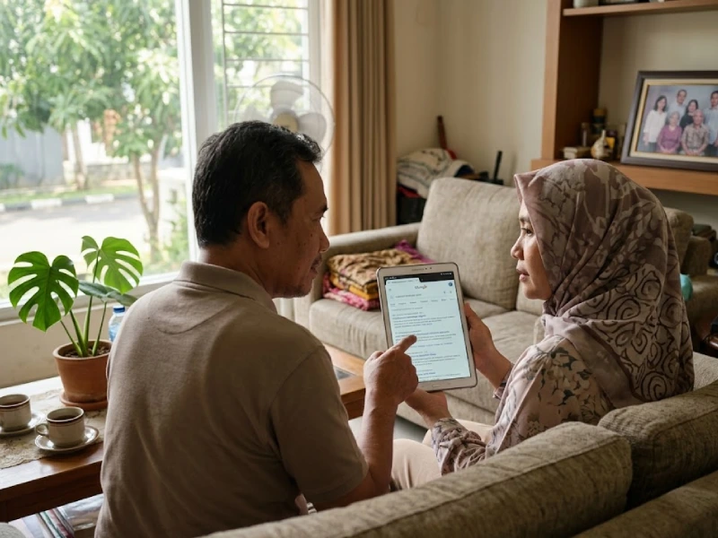 seseorang mencari informasi suplemen kesehatan Depok di Google dari ruang tamu untuk membantu kondisi tubuh keluarga